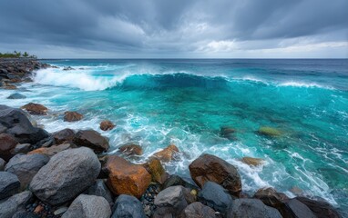 Turquoise waves crashing on a rocky shore
