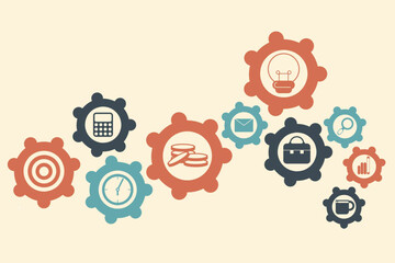 A creative business concept illustration featuring various gear icons with symbols like coins, clock, target, and ideas—representing productivity and teamwork in a flat style.