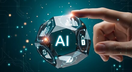 Hand interacting with futuristic AI holographic globe;  smart city, security, data analytics concepts; dark teal background.