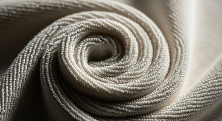 Abstract cream fabric roll with a spiraling design and textile texture
