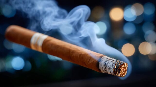 A detailed close-up of a smoldering cigar tip with smoke elegantly curling against a dark, blurred backdrop.