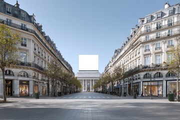Fototapeta premium Paris Champs avenue scene with classic buildings and large white empty billboard over fashion shops, urban outdoor advertising template in elegant European city setting