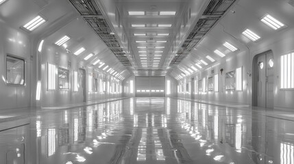 Futuristic Cleanroom Interior Perspective with Gleaming Polished Floor