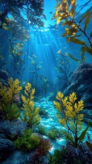 Underwater kelp forest, sunlight beams