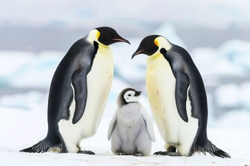 Naklejka premium Emperor penguins nurture their fluffy chick in a snowy Antarctic landscape during the winter season