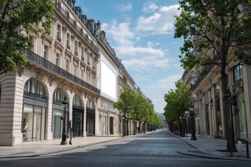 Fototapeta premium Paris Champs avenue with classic buildings and white blank empty billboard above fashion shops, perfect outdoor advertising mockup in urban city setting for marketing and promotion design template use