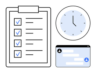 Checklist with marked tasks, analog clock showing time, and messaging chat box representing productivity. Ideal for task management, time tracking, communication, project planning, organization