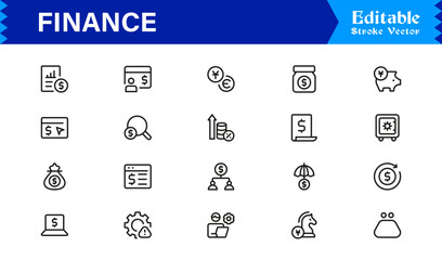 Finance Icon Set Featuring Banking, Investment, Currency, and Money Symbols in Clean Vector Style