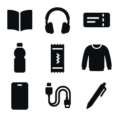 Train Travel Essentials. olid, filled icons set of flat lay train journey items: book, headphones, ticket,