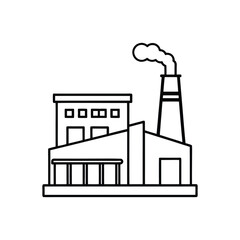 Black and White Line Drawing of Industrial Factory Building with Chimney and Slanted Roof Sections for Production and Manufacturing Themes