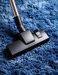 Vacuuming a deep blue carpet