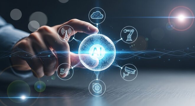 Hand Interacting with Futuristic AI Globe: 5G, Cloud Computing, IoT, Robotics, and Smart Security Network Concept