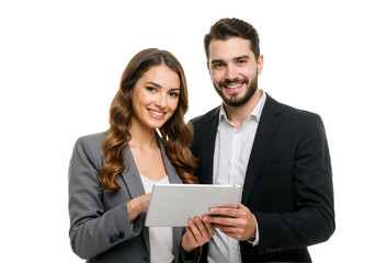 Two smiling business professionals stand side by side, reviewing a tablet. The woman in a beige blazer and the man in a gray suit exude teamwork.