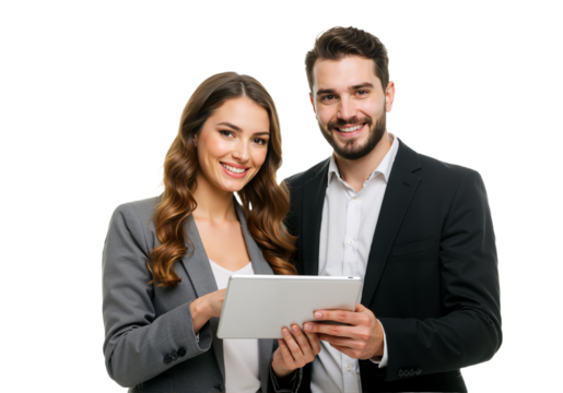 Two smiling business professionals stand side by side, reviewing a tablet. The woman in a beige blazer and the man in a gray suit exude teamwork.