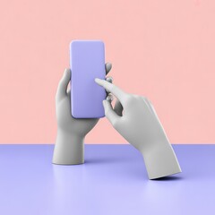 Pastel Minimalist Mockup: Gray Hands Using Lavender Smartphone on Pink and Purple Background