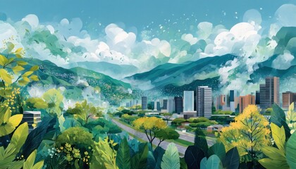 Vibrant city nestled in lush green valley