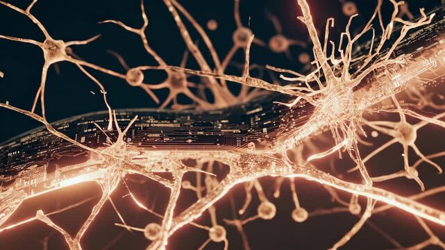 Futuristic cybernetic implant integrated within a complex network of neurons, a concept of brain-computer interface technology.