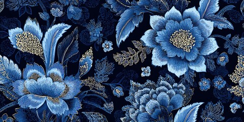 An intricate dark blue floral pattern with textured embroidery
