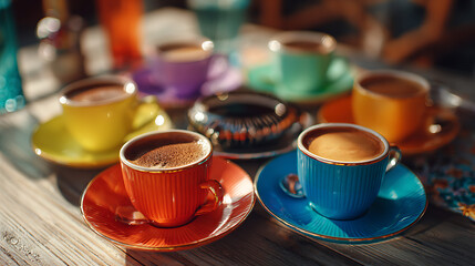 Fototapeta premium Colorful coffee cups arranged on a wooden table, with blurred background diners enjoying drinks