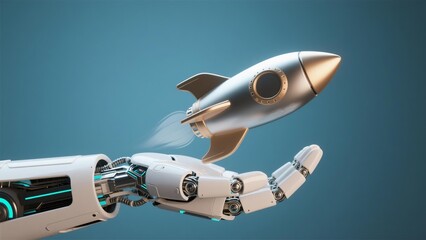 A close-up of a white robot arm, holding a glowing, orange rocket icon, represents technological advancement and innovation.
