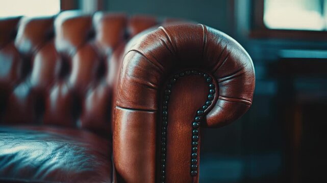A detailed shot of a worn brown leather armchair with creased upholstery and wooden legs