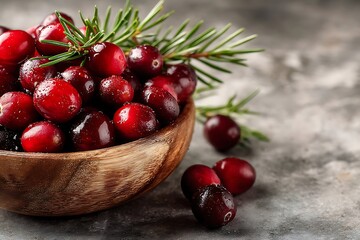 Close-up of bowl with vibrant cranberries and fresh greenery, evoking nature’s bounty and holiday spirit