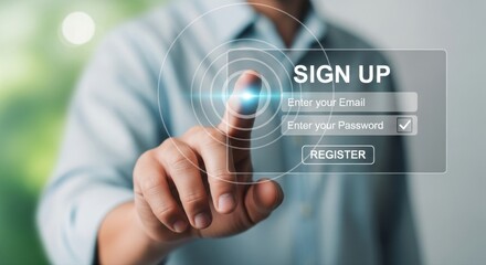 Confidently register online with a finger touch on a futuristic digital interface for secure account creation and access