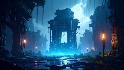 Obraz premium Cityscape with Ancient Architecture and Glowing Light