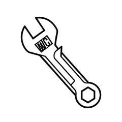 Black and White Line Drawing of Wrench with Open and Hexagonal Ends Featuring WC Label Representing Mechanical Tools and DIY Equipment