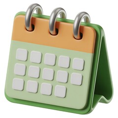 Modern pastel green and orange desktop calendar; 3D rendered, minimalist design, blank dates, cheerful mood.