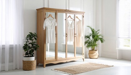 Fototapeta premium Elegant mirrored wardrobe in bright room with plants