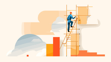 Man climbing ladder to reach higher goals with abstract background  
