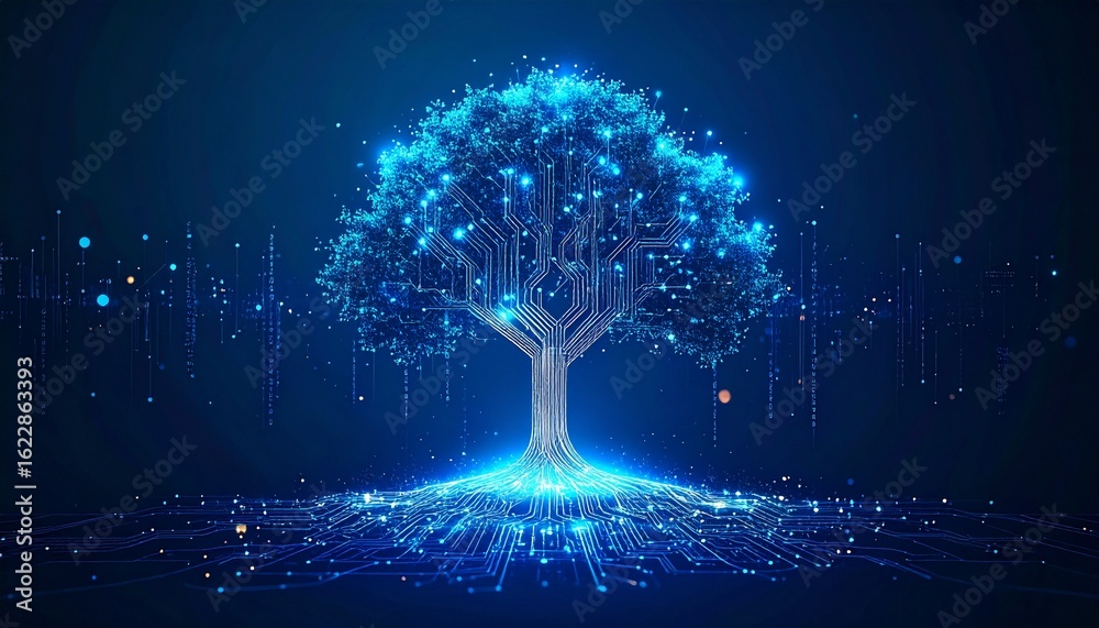 Wall mural a futuristic digital tree of knowledge with glowing blue lights and roots forming a complex data net