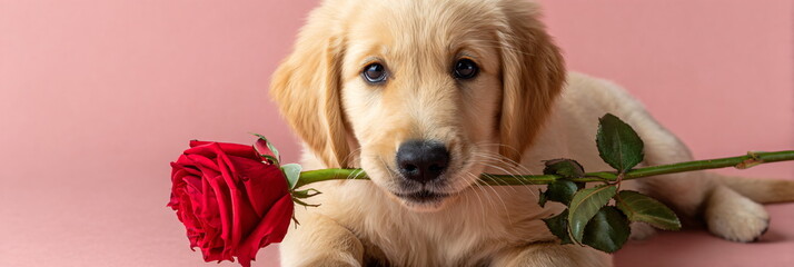 Cute Golden Retriever Puppy Holding Red Rose on Light Pink Background