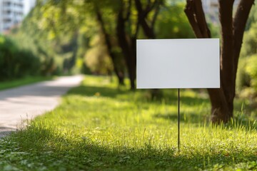 White rectangular blank yard sign on grass in daylight, empty space for marketing message, outdoor mockup near park walking path for advertisement and promotion