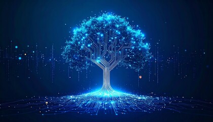 A futuristic digital tree of knowledge with glowing blue lights and roots forming a complex data network on a dark background.