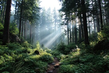 Sunbeams through a dense forest