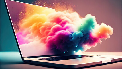3D colorful cloud explosion out of a laptop concept. A colorful explosion emerging from a modern laptop device.