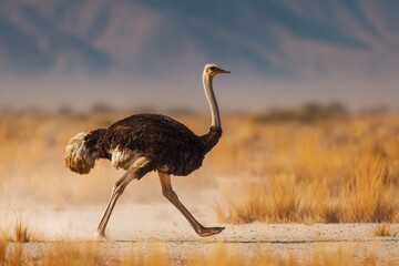 An ostrich walking across a dry grassy field with a blurred background of mountains and sky