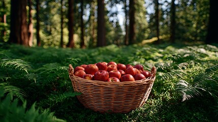 Basket overflowing with fresh red apples in lush green forest, natural light highlighting vibrant colors