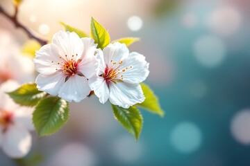 Obraz premium Delicate white cherry blossoms with green leaves on a branch flower pink