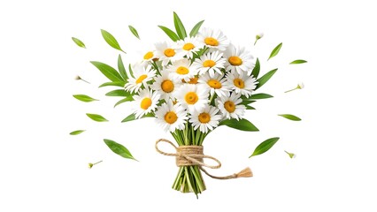 Fototapeta premium Fresh bouquet of white daisies tied with twine on a white background