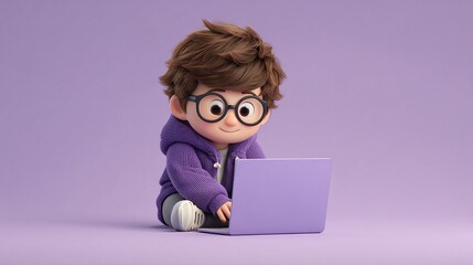 Cartoon boy with glasses works on a laptop with a smile on his face.