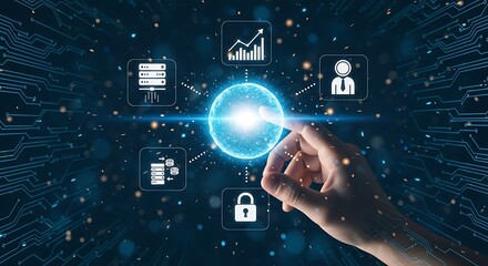 Hand Interacting with Futuristic Digital Globe: Data Security, Cloud Computing, and Business Growth Visualization.