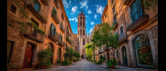 Sunny European alleyway with colorful buildings