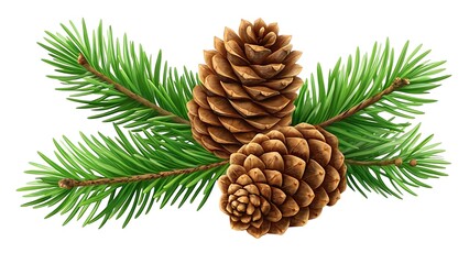 Two pine cones on a green pine branch with needles