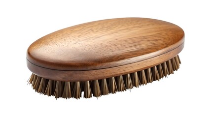 Oval wooden beard brush with natural bristles on a white background