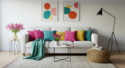 Modern Living Room Interior with White Sofa and Bright Colorful Decor