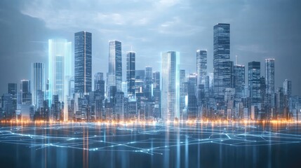 Fototapeta premium Futuristic Cityscape 3D Render with Glowing White Skyscrapers and Data Streams on Light Blue Background, Dynamic Motion Blur Effect