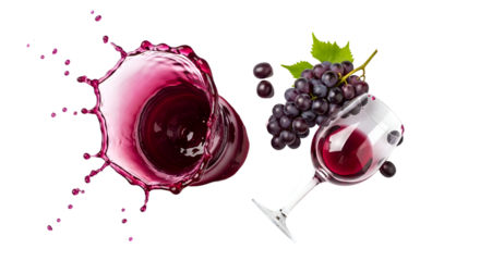 Captivating Red Wine Splashes Out of Glass with Grapes on Transparent Background Displaying Elegance